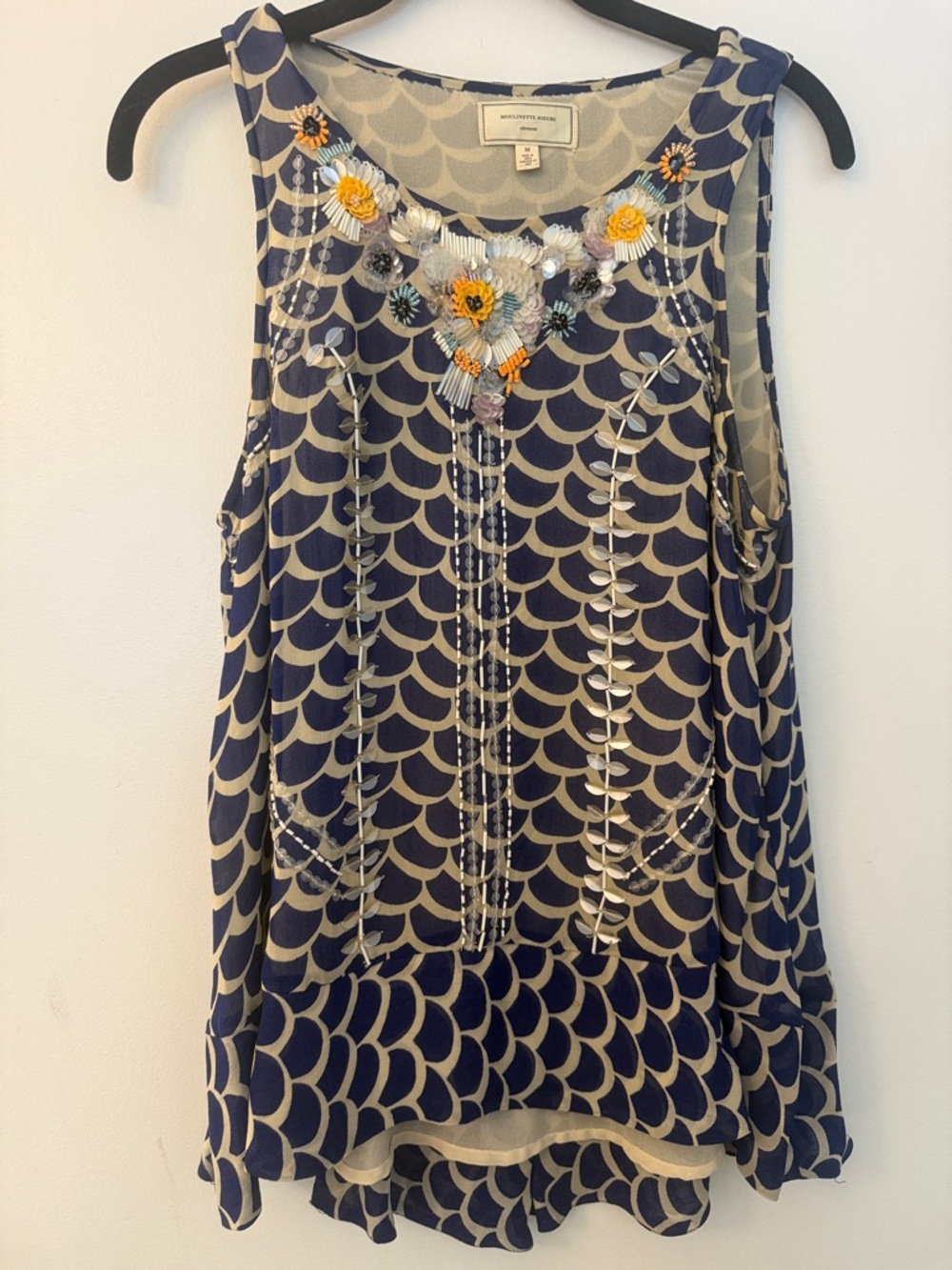 Moulinette Soeurs Beaded Floral Embellished Navy & Cream Sleeveless Top